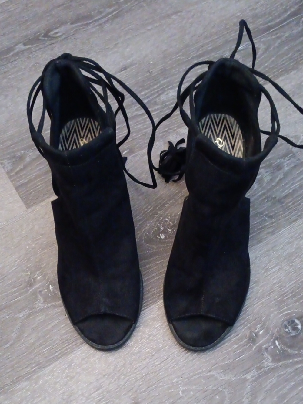 Qupid Preloved Black Suede Lace-Up Peep Toe Heeled Booties